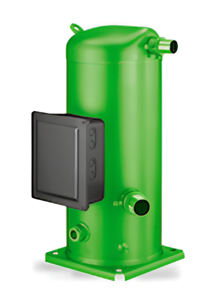 Compresor de refrigeración CO2 en color verde con un panel de control en el lado.